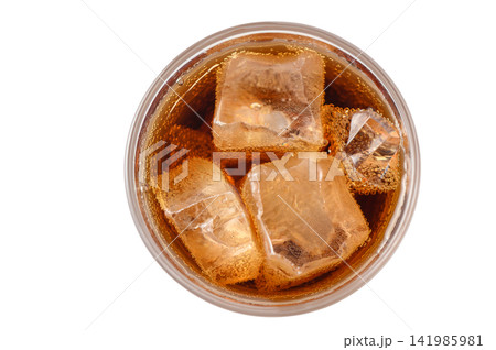 Overhead view of cold carbonated beverage with ice cubes isolated Overhead view of cold carbonated beverage with ice cubes isolated 141985981
