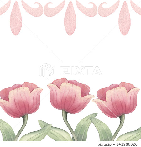 Square frame with royal flourishes, pink tulips. Hand-painted watercolor illustration isolated on white for wedding stationery, invitations, packaging, poster, scrapbooking, certificate, design 141986026