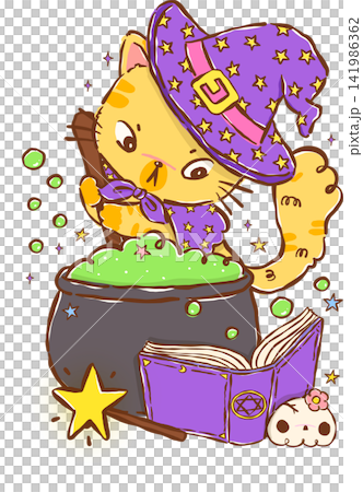 Kawaii Halloween Witch Cat Reading Book, Brewing Potion Hand Drawn Illustration Kawaii Halloween Witch Cat Reading Book, Brewing Potion Hand Drawn Illustration 141986362