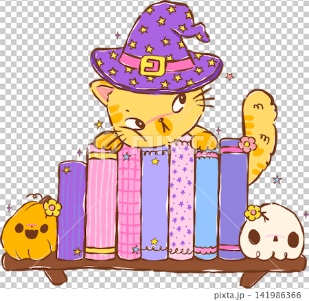 Bookish Halloween Witch Cat on Bookshelf Hand Drawn Illustration 141986366