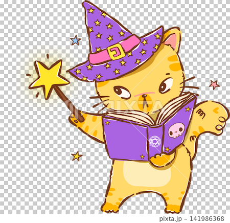 Cute Halloween Witch Cat Reading Spellbook with Magic Wand Hand Drawn Illustration Cute Halloween Witch Cat Reading Spellbook with Magic Wand Hand Drawn Illustration 141986368
