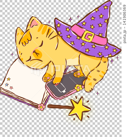 Sleeping Halloween Witch Cat with Open Book and No Battery Phone Hand Drawn Illustration Sleeping Halloween Witch Cat with Open Book and No Battery Phone Hand Drawn Illustration 141986369