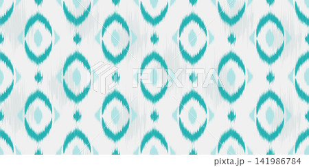 Ikat geometric seamless pattern with ethnic motif. Abstract traditional tribal background for fabric and textile print. Watercolor and woven effect ornament 141986784