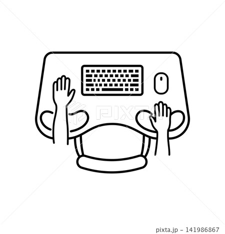 Top-view line illustration of a desk layout with contoured forearm and elbow support pads.  141986867