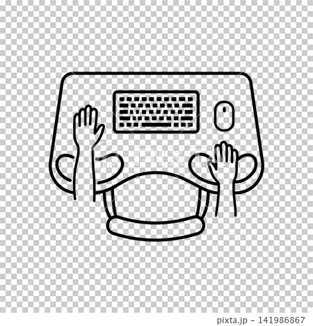 Top-view line illustration of a desk layout with contoured forearm and elbow support pads.  141986867