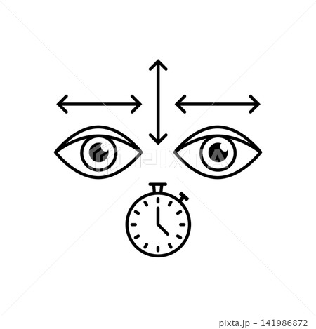 Minimalist line art illustration representing directional eye movement exercises and timer for eye strain prevention. 141986872