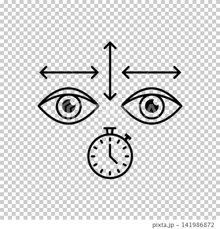 Minimalist line art illustration representing directional eye movement exercises and timer for eye strain prevention. 141986872