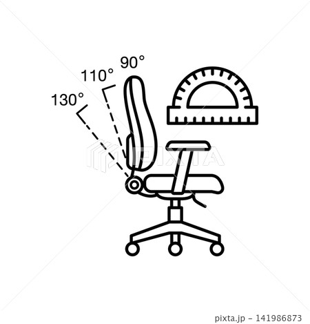 Minimal line icon showing an office chair backrest recline angles with protractor measurement symbols. Minimal line icon showing an office chair backrest recline angles with protractor measurement symbols. 141986873