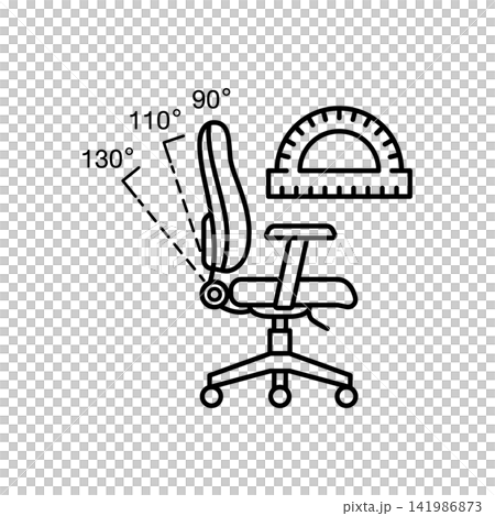 Minimal line icon showing an office chair backrest recline angles with protractor measurement symbols. Minimal line icon showing an office chair backrest recline angles with protractor measurement symbols. 141986873