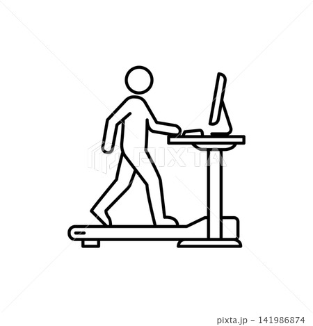 Line art illustration of a person walking on a treadmill while using a standing desk at work. Line art illustration of a person walking on a treadmill while using a standing desk at work. 141986874