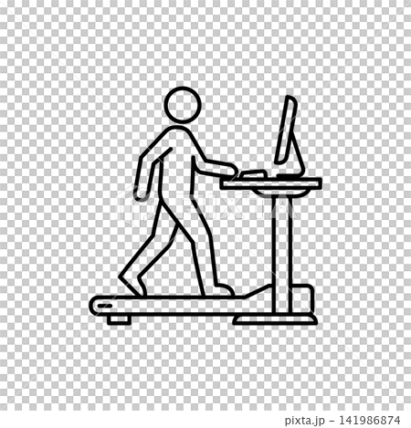 Line art illustration of a person walking on a treadmill while using a standing desk at work. Line art illustration of a person walking on a treadmill while using a standing desk at work. 141986874