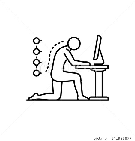 Minimalist line illustration of a person performing a dynamic back stretch at a desk workspace. Minimalist line illustration of a person performing a dynamic back stretch at a desk workspace. 141986877