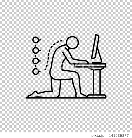 Minimalist line illustration of a person performing a dynamic back stretch at a desk workspace. Minimalist line illustration of a person performing a dynamic back stretch at a desk workspace. 141986877