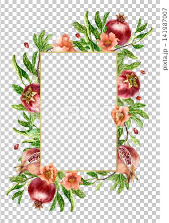 Pomegranate rectangular frame. Red fruits, green leaves and pink flowers. Hand drawn watercolor illustration in a botanical style, isolated on white. Perfect for greeting cards and holiday invitations Pomegranate rectangular frame. Red fruits, green leaves and pink flowers. Hand drawn watercolor illustration in a botanical style, isolated on white. Perfect for greeting cards and holiday invitations 141987007