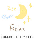すやすや眠る三日月とリラックスの英字ロゴの手描きイラスト 141987114
