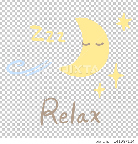 A hand-drawn illustration of a sleeping crescent moon and the English word "relax" logo. 141987114