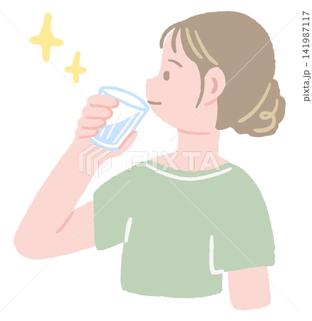 コップ一杯の水を飲んで水分補給する女性の手描きイラスト コップ一杯の水を飲んで水分補給する女性の手描きイラスト 141987117
