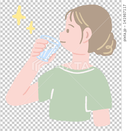 コップ一杯の水を飲んで水分補給する女性の手描きイラスト コップ一杯の水を飲んで水分補給する女性の手描きイラスト 141987117