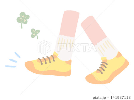 ウォーキングや散歩で健康的に歩く足元の手描きイラスト 141987118