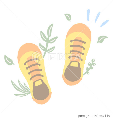 上から見たスニーカーと植物のウォーキング準備の手描きイラスト 上から見たスニーカーと植物のウォーキング準備の手描きイラスト 141987119