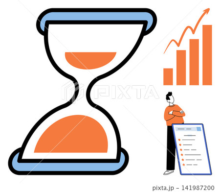 Hourglass with rising bar chart and man checking a list vector illustration. Productivity, efficiency, deadline, planning, strategy, success. Sand timer with financial graph and person 141987200
