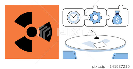 Radiation warning sign and conference table with puzzle icons time, strategy, and money vector illustration. Risk management, corporate planning, productivity, finance, industry, safety. Radioactive 141987230