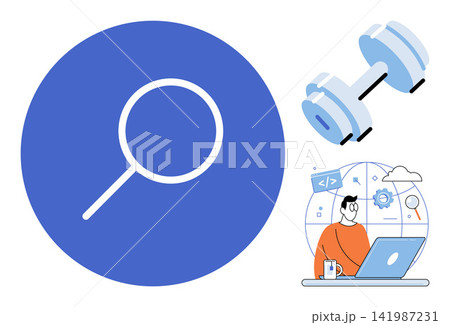 Magnifying glass icon, dumbbell, and developer using a laptop vector illustration. Web development, fitness training, software engineering, online research, healthy lifestyle, programming. Search 141987231