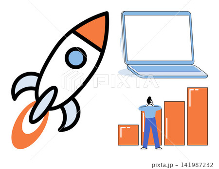 Rocket laptop and person with bar chart vector illustration. Startup development, business growth, digital marketing, project launch, career progress, financial success. Spacecraft computer 141987232