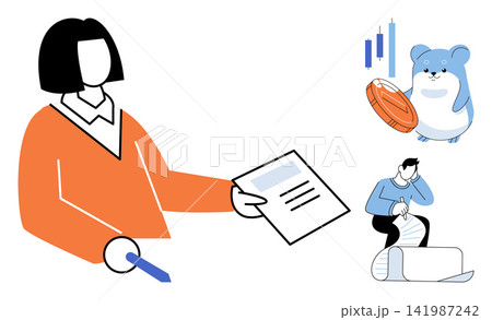 Business woman presenting a document with a hamster trader and a person writing a list vector illustration. Finance, investment, planning, strategy, analysis, management. Professional advisor showing 141987242