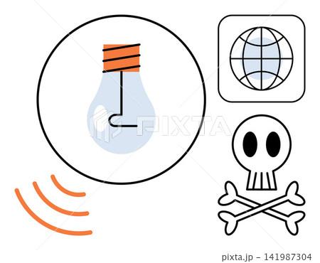 Lightbulb globe and skull icons vector illustration. Cybersecurity, internet safety, data protection, malware risk, digital awareness, network vulnerability. Glowing lamp world and death symbol 141987304