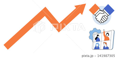 Rising arrow graph with handshake and team video call vector illustration. Corporate success, partnership, remote work, digital communication, business growth, teamwork. Increasing trend icon Rising arrow graph with handshake and team video call vector illustration. Corporate success, partnership, remote work, digital communication, business growth, teamwork. Increasing trend icon 141987305