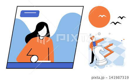Woman working on laptop and man moving chess piece vector illustration. Strategic planning, business growth, remote work, career development, digital communication, professional success. Female 141987319