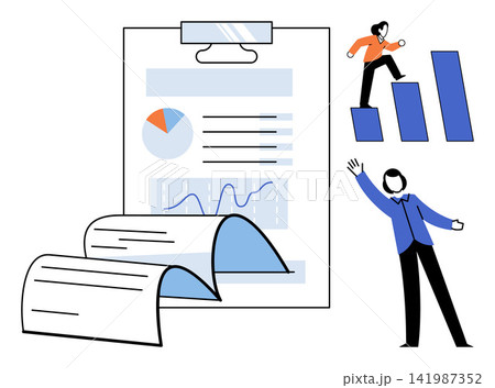Business performance analysis and career growth vector illustration. Professional development, corporate strategy, financial reporting, data management, success planning, office productivity 141987352
