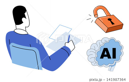 A person writing at a desk with an unlocked padlock and AI brain icon vector illustration. Innovation, technology, data security, machine learning, creative process, digital transformation. Human A person writing at a desk with an unlocked padlock and AI brain icon vector illustration. Innovation, technology, data security, machine learning, creative process, digital transformation. Human 141987364