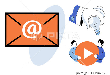 Email envelope, hand holding lightbulb and people with play button vector illustration. Marketing, business strategy, creative solution, digital media, online messaging, teamwork. Electronic mail Email envelope, hand holding lightbulb and people with play button vector illustration. Marketing, business strategy, creative solution, digital media, online messaging, teamwork. Electronic mail 141987372