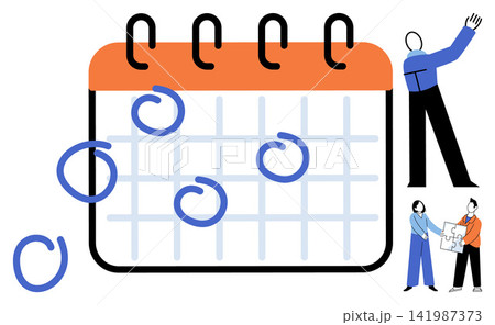 Calendar with circled dates and people working together vector illustration. Project management, team collaboration, deadline tracking, business planning, task organization, office workflow. Schedule 141987373