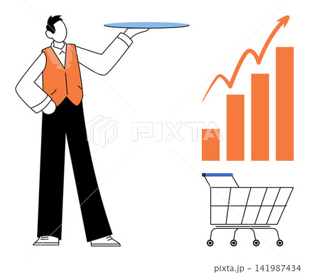 Businessman holding a tray with a rising bar chart and shopping cart vector illustration. Sales growth, retail strategy, profit increase, marketing success, commerce, business development Businessman holding a tray with a rising bar chart and shopping cart vector illustration. Sales growth, retail strategy, profit increase, marketing success, commerce, business development 141987434
