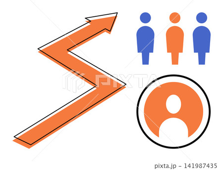Upward arrow with human icons and profile symbol vector illustration. Team development, corporate growth, recruitment, leadership, career advancement, personnel management. Rising chart with people Upward arrow with human icons and profile symbol vector illustration. Team development, corporate growth, recruitment, leadership, career advancement, personnel management. Rising chart with people 141987435