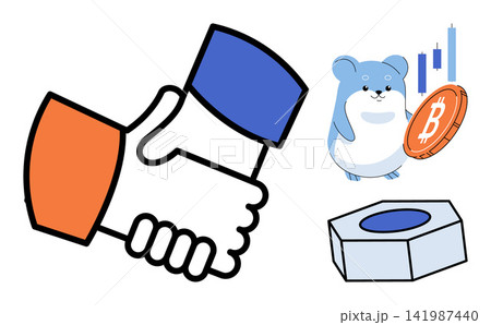 Handshake gesture with a hamster holding a bitcoin and a metal nut vector illustration. Finance, cryptocurrency, investment, partnership, engineering, industrial. Agreement icon with rodent 141987440