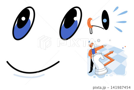 Smiling face icon with megaphone and businessman moving chess piece vector illustration. Marketing, leadership, strategy, communication, success, planning. Happy expression with loudspeaker 141987454