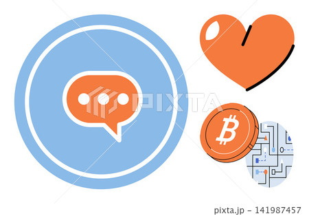 Speech bubble, heart, and bitcoin icons vector illustration. Digital finance, social connection, online payment, romantic messaging, crypto investment, community engagement. Chat symbol, love shape Speech bubble, heart, and bitcoin icons vector illustration. Digital finance, social connection, online payment, romantic messaging, crypto investment, community engagement. Chat symbol, love shape 141987457