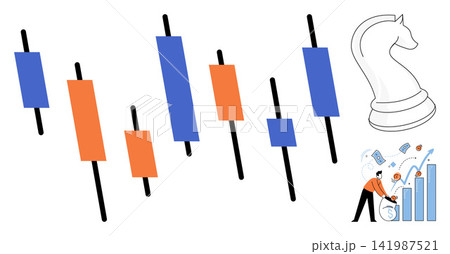 Financial trading candlestick charts with chess knight and investor vector illustration. Investment, stock market, strategy, business growth, economic analysis, wealth management. Market data graph Financial trading candlestick charts with chess knight and investor vector illustration. Investment, stock market, strategy, business growth, economic analysis, wealth management. Market data graph 141987521