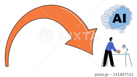 Person working at a desk with an artificial intelligence brain icon and arrow vector illustration. Technology, machine learning, digital innovation, data analysis, automation, future. Human using Person working at a desk with an artificial intelligence brain icon and arrow vector illustration. Technology, machine learning, digital innovation, data analysis, automation, future. Human using 141987522