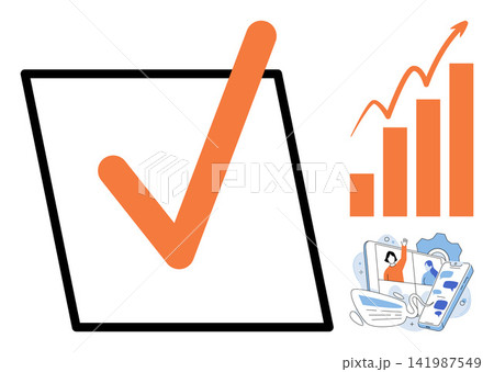 Checkmark in a square box with a rising bar graph and digital communication icons vector illustration. Productivity, business growth, success, strategy, planning, digital marketing. Task completion Checkmark in a square box with a rising bar graph and digital communication icons vector illustration. Productivity, business growth, success, strategy, planning, digital marketing. Task completion 141987549