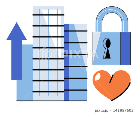 Skyscraper building with upward arrow padlock and heart shape vector illustration. Corporate development, data protection, emotional intelligence, financial security, urban growth, wellness. Office 141987602