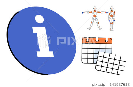 Information icon with calendar schedule and robot character vector illustration. Planning, organization, technology, automation, data, management. Info symbol with robotic figure and planner Information icon with calendar schedule and robot character vector illustration. Planning, organization, technology, automation, data, management. Info symbol with robotic figure and planner 141987638