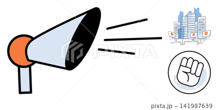Megaphone with city buildings and a raised fist icon vector illustration. Social activism, public announcement, urban protest, community awareness, political campaign, civic engagement. Loudspeaker Megaphone with city buildings and a raised fist icon vector illustration. Social activism, public announcement, urban protest, community awareness, political campaign, civic engagement. Loudspeaker 141987639