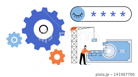 A person building a digital password and security icon with gears vector illustration. Cybersecurity, data protection, financial safety, account access, system maintenance, online privacy. User A person building a digital password and security icon with gears vector illustration. Cybersecurity, data protection, financial safety, account access, system maintenance, online privacy. User 141987700