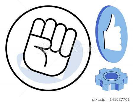 Hand gestures and mechanical gear icons vector illustration. Feedback, approval, engineering, industrial, communication, success. Thumbs up sign and clenched fist symbols for digital interface Hand gestures and mechanical gear icons vector illustration. Feedback, approval, engineering, industrial, communication, success. Thumbs up sign and clenched fist symbols for digital interface 141987701