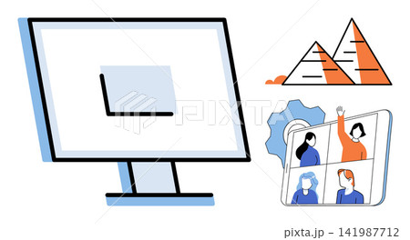 Computer monitor and tablet with video conference call vector illustration. Remote work, online education, digital communication, virtual meeting, distance learning, team collaboration. Desktop 141987712